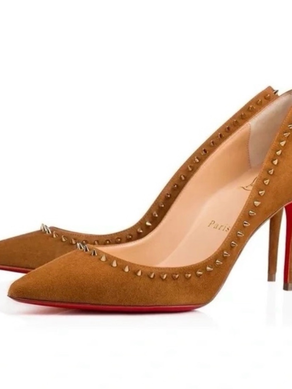Christian Louboutin Tan Suede Spike Pointed-Toe Pumps with Red Soles